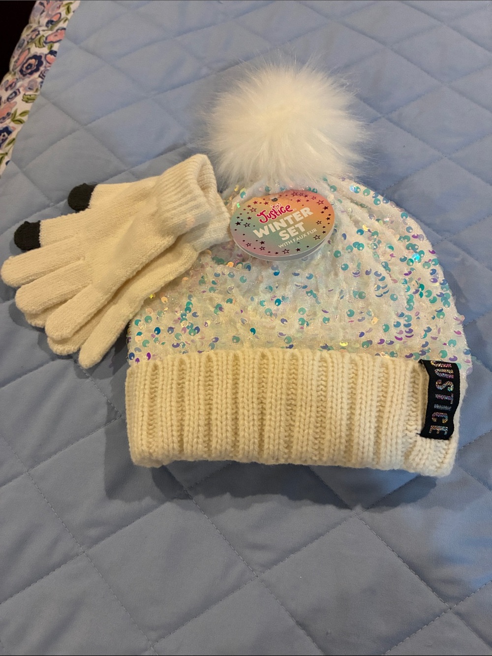 Justice Cream Sequin Pom Beanie with Matching Touchscreen Gloves